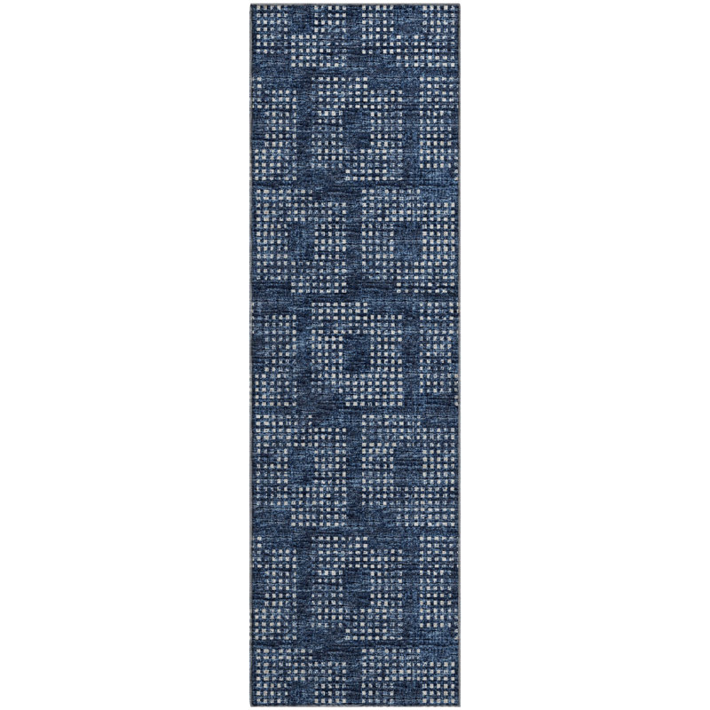 Premium Machine Washable Mayfield AMF33 Geometric Rug, Blue, 2'3" x 7'6" Runner