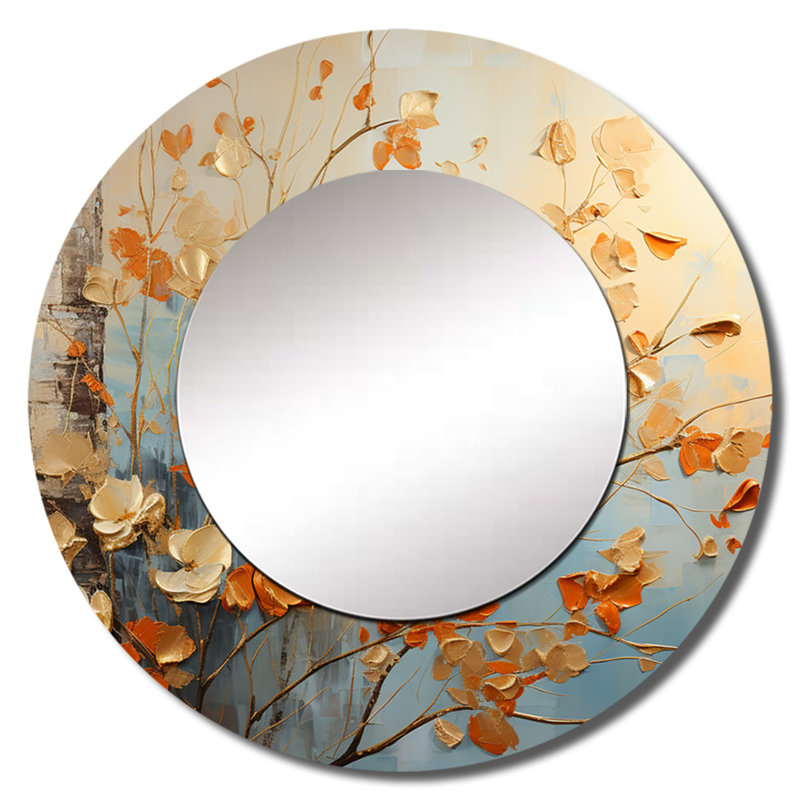 Gold And Orange Leaves In The Breeze II - Leaves Mirror, Traditional Round Decorative Wall Mirror, Printed Metal Art