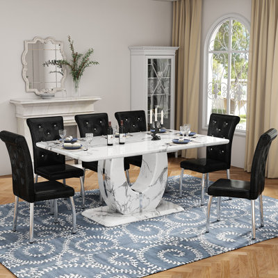 Modern 63" Faux Marble Dining Table Set with Spring-Supported PU Leather Chairs