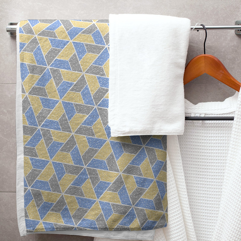 Serviette de bain trapézoïde, Bleu / jaune / gris