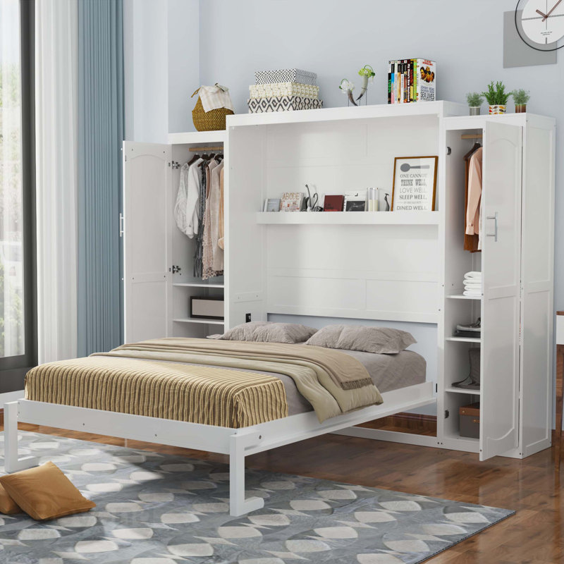 Grand lit escamotable avec 2 garde-robe et tablette de rangement, cadre de lit plateforme pliable multifonctionnel pour chambre d'amis, chambre à coucher, blanc (ancien SKU: N733S235627K)