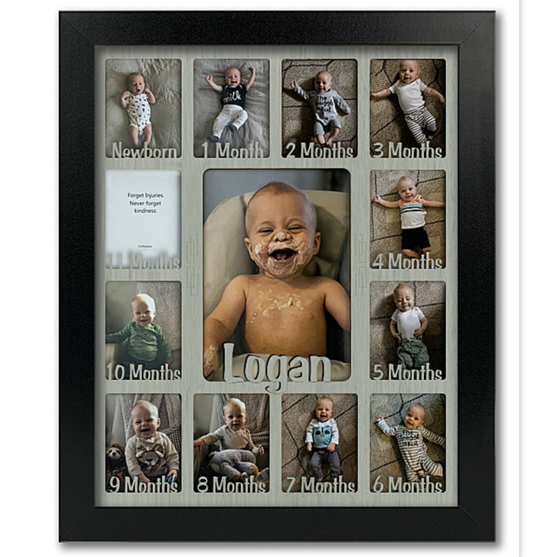Cadre photo personnalisé pour bébé première année - peut contenir 12 portefeuilles et 1 photo 5 x 7 - 11 x 14, Oui, Chêne