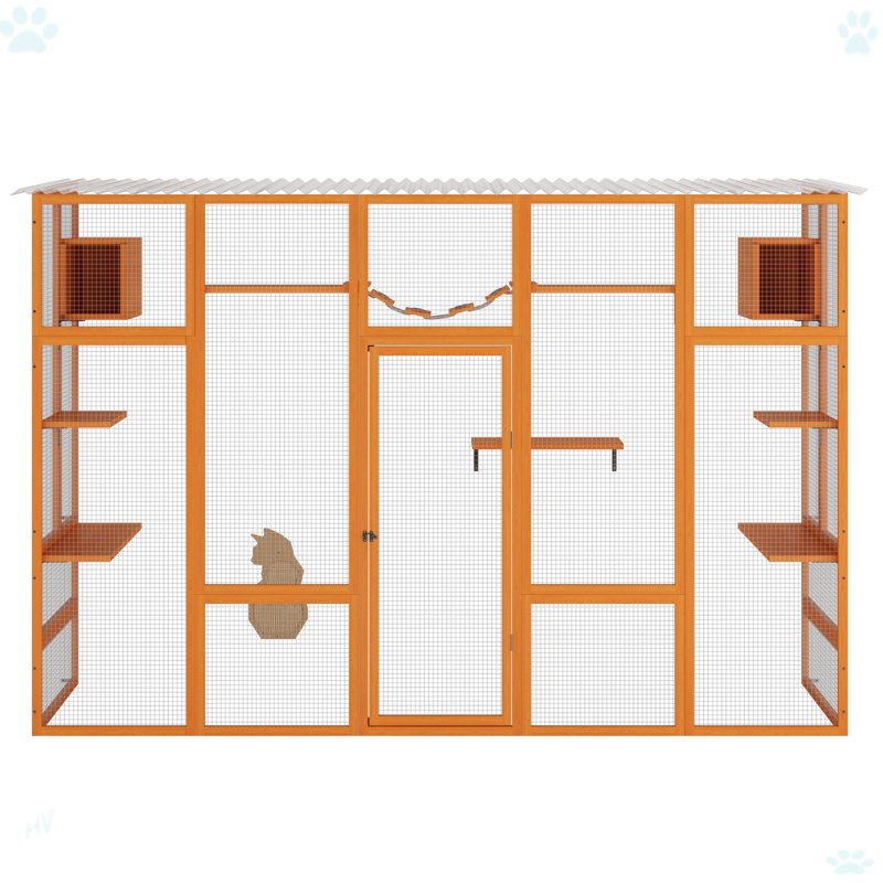 Enclos pour chat en bois avec 6 plateformes de saut et 2 condos pour chat, Orange