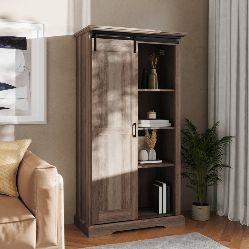 Rustic Farmhouse Storage Cabinet Bookcase with Sliding Barn Door and Adjustable Shelves, Graywash