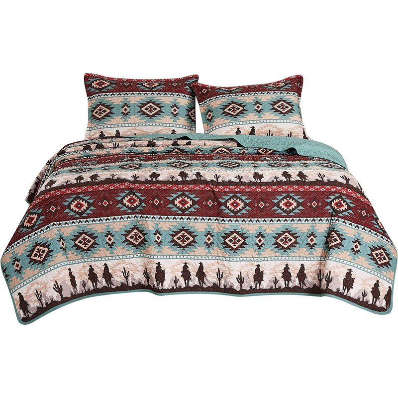 Southwestern Cowboy Aztec Multicolor Microfiber King Quilt Set