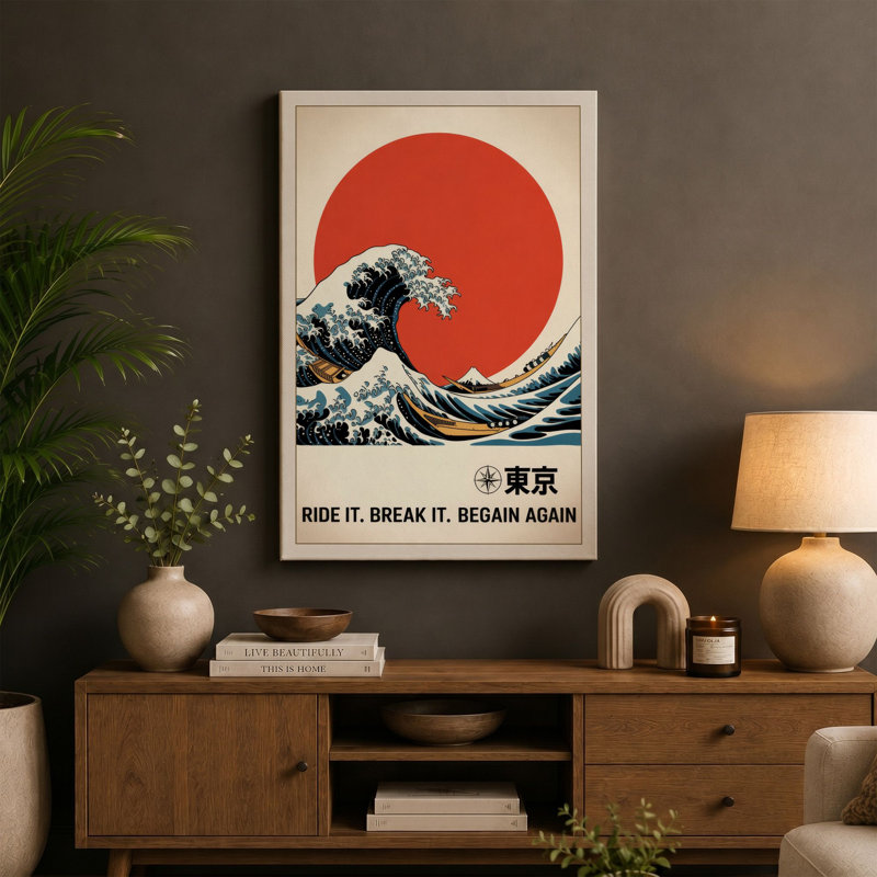 Tokyo Wave Rising Japandi - Wrapped Canvas, 30x20 - 76.2 x 50.8 cm, White Border