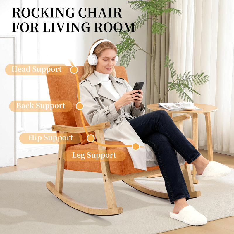 Chaise berçante à bascule rembourrée avec pieds en bois et fauteuil à bascule, Orange