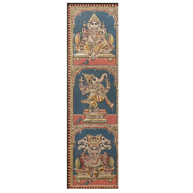 Lord Ganesha Tanjore, peinture | Couleurs traditionnelles avec or 24 carats | Structure en bois de teck
