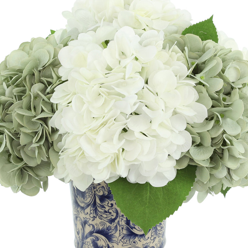 Hydrangea Arrangment In A Chinoiserie Vase, Seafoam Green/White