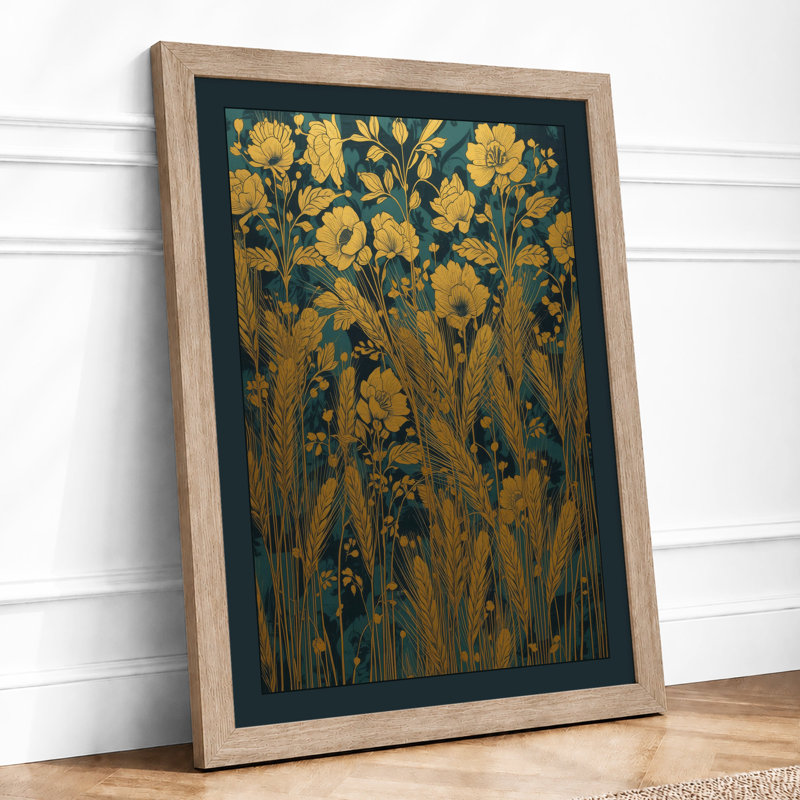Golden Wildflowers Botanical - Framed Print, A4 - 29.7 x 21.0 cm, Oak
