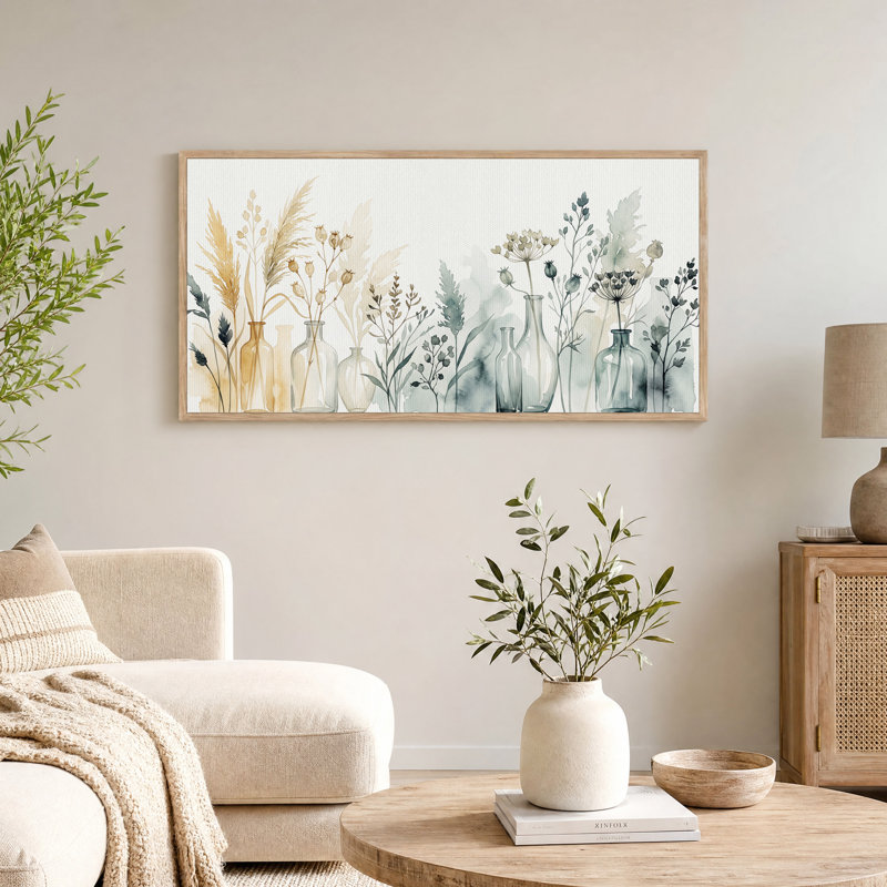 Fleurs séchées et bouteilles en verre, aquarelle dégradée sur toile