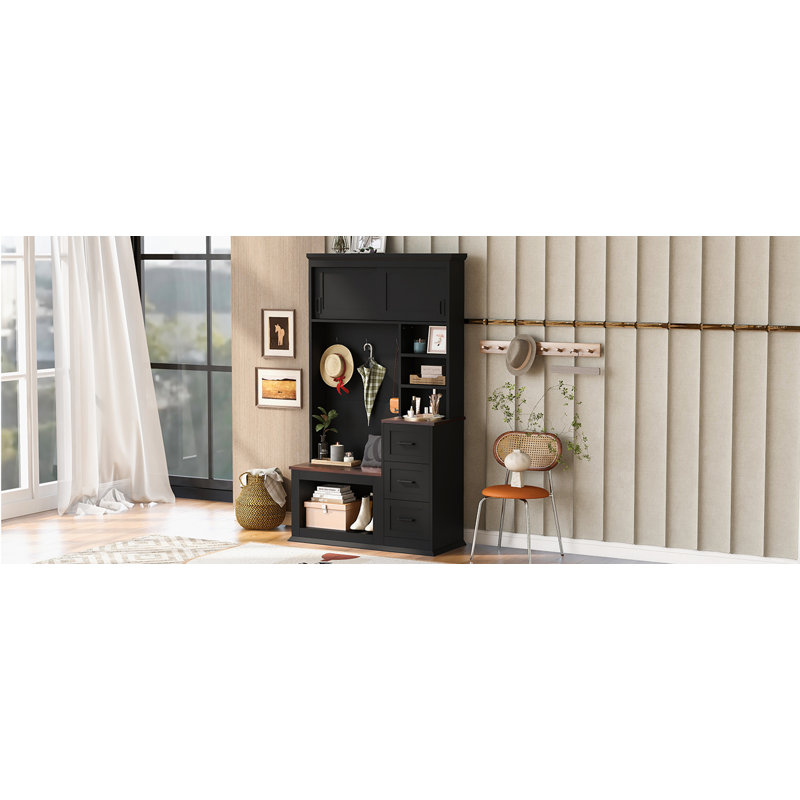 Entryway Bench With Coat Rack, 3 Shelves And Drawers, 3 Sturdy Hooks, 40.2'' Wide Hall Tree With Storage Bench, Black