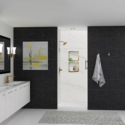 Transolid Lusso 36-in x 36-in x 72/24-in Glue To Wall 6-Piece Transition Shower Wall Kit, Palladio White