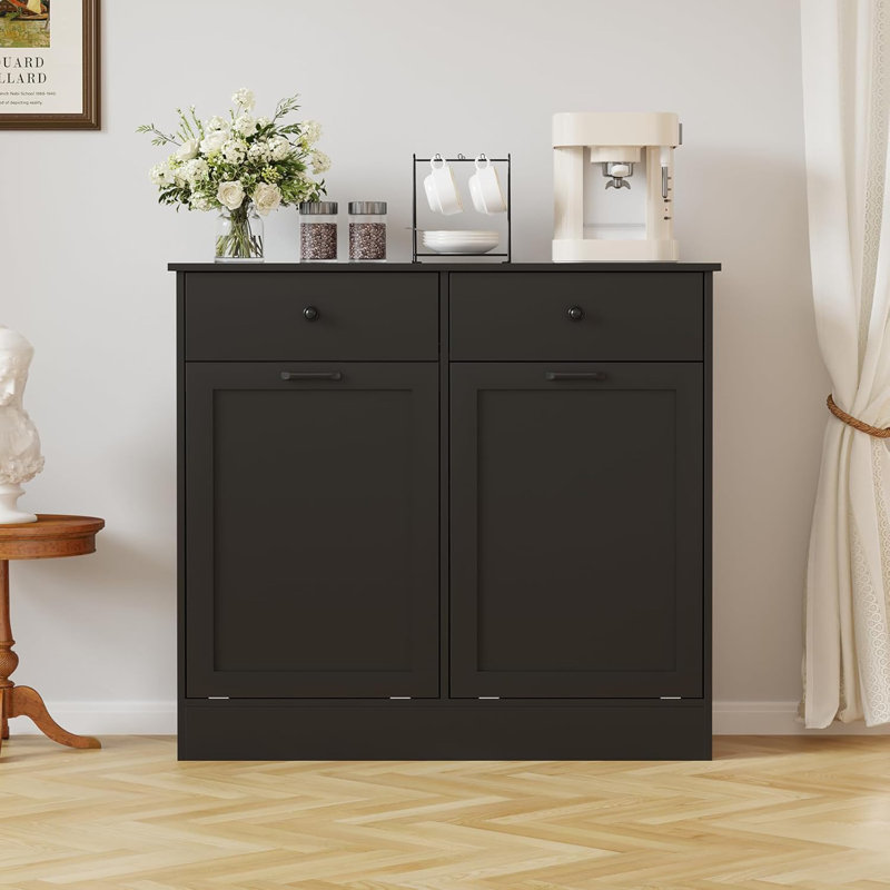 Wooden Tilt Out Trash Can Cabinet, 20 Gallon Hidden Garbage Can Cabinet with Deodorizing Function, Double Laundry Cabinet with 2 Drawers for Kitchen