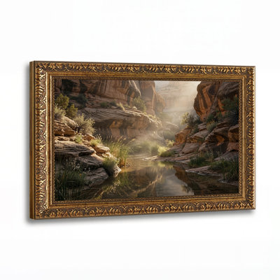 Sunlit Canyon Stream Reflection Canvas Wall Art