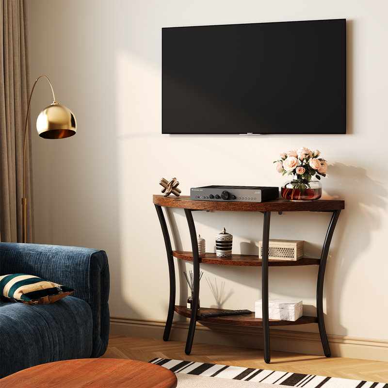 39.4" Console Table With Half Moon Wood Shelves, 3 Tier Modern Entryway Table With Curved Metal Frames, Narrow Sofa Couch Table For Hallway, Entrance, Living Room, Foyer, Rustic Brown