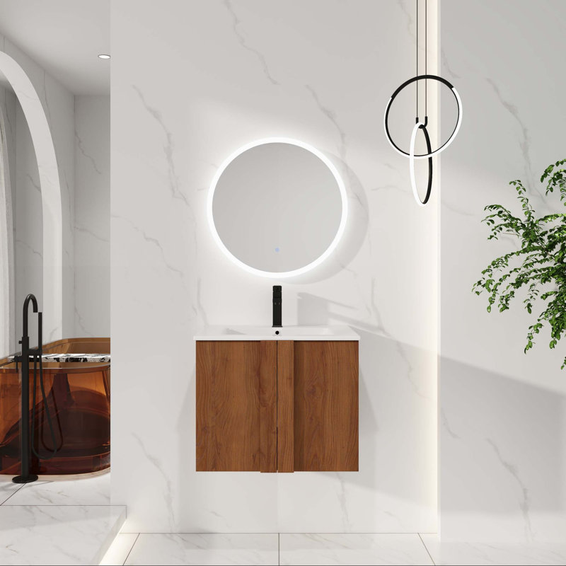Meuble-lavabo flottant peu encombrant avec rangement à fermeture en douceur et lavabo en céramique intégré