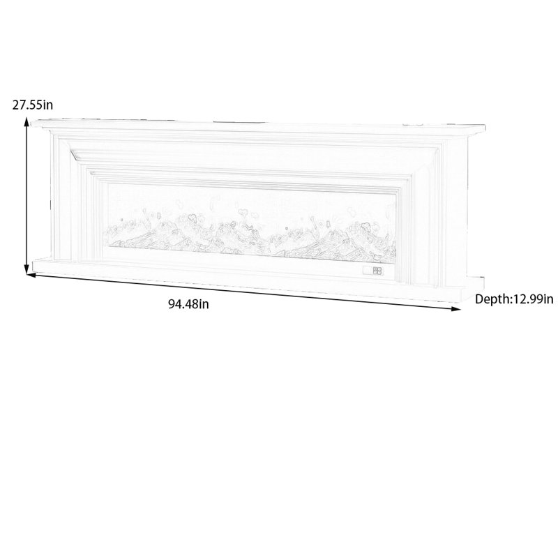 Élégante cheminée à conception tridimensionnelle, H 27,55 po x l 94,48 po x P 12,99 po, Blanc