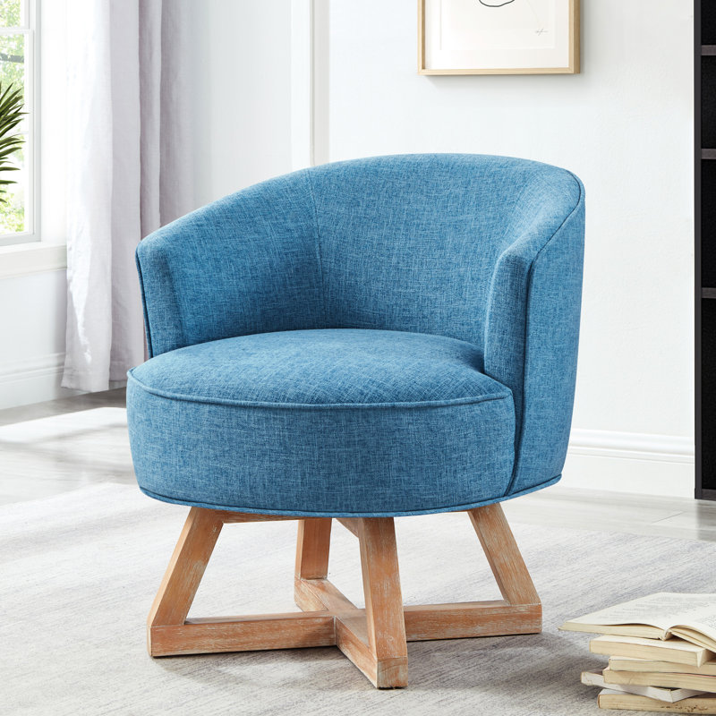 Fauteuil pivotant à 360°, revêtement en lin bleu, base en bois pour la décoration du salon, chambre en bois massif