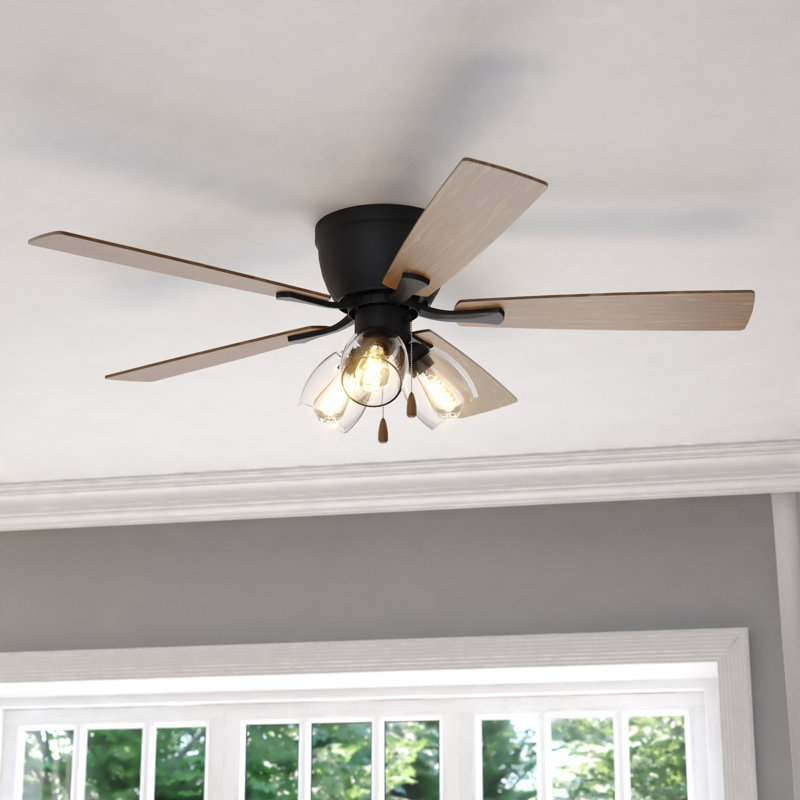 Audronis 52 in. Black Indoor Low Profile Flush Mount Transitional Ceiling Fan with Reversible Black-Dark Oak Blades, LED 3-Light Kit and Pull Chain Included, 3 Speeds, Clear Seeded Glass Shade