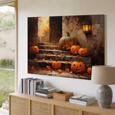 Toile lanterne allumée citrouille escalier douillet automne Halloween art mural prêt à accrocher galerie enveloppée décoration moderne de qualité supérieure