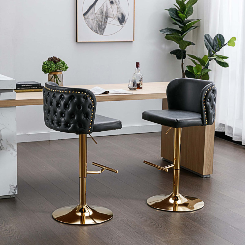 Jeanee Swivel Barstools Adjusatble Seat Height, Modern PU Upholstered Bar Stools with the whole Back Tufted, Dark Gray, Gold