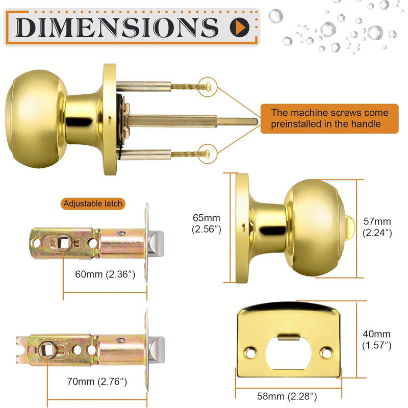 Door Knobs with Round Rosette, Keyless Lock, Polished Brass, Privacy (Bed & Bath)