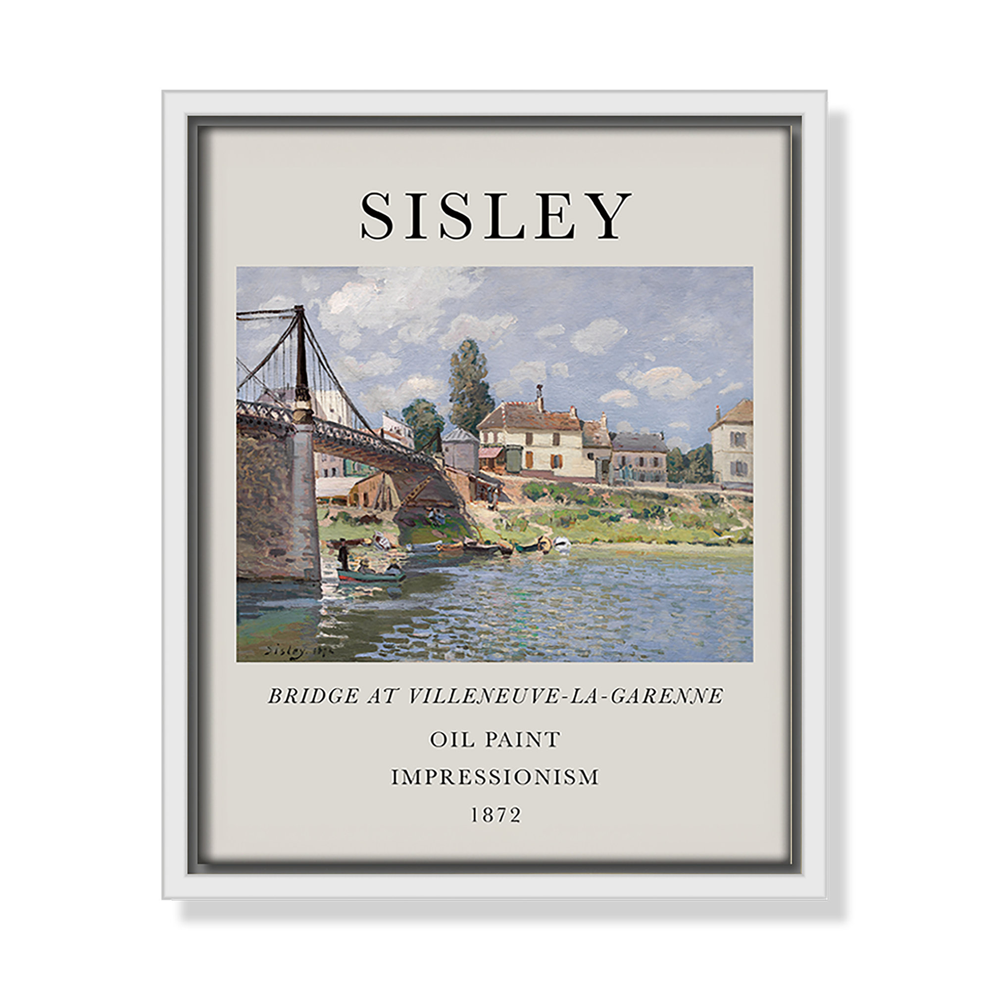 Old Masters Collection " The Bridge At Villeneuve " by Alfred Sisley, White Floater Frame, 11.5" H x 9.5" W x 2" D, No