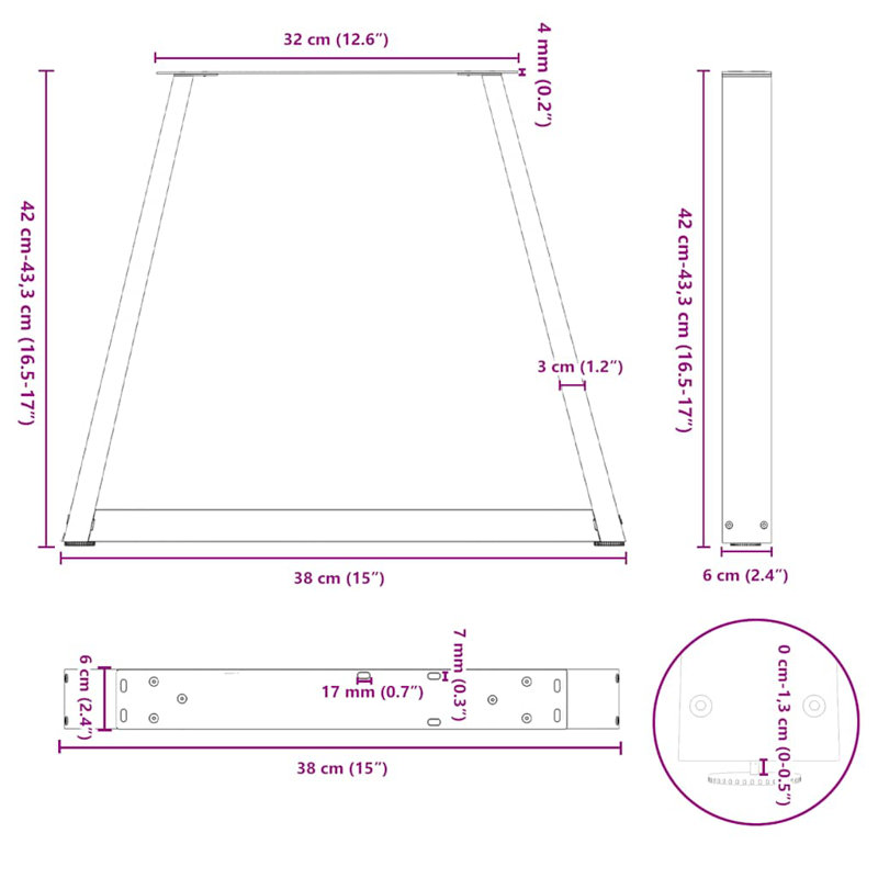 Pieds de table de salle à manger en forme de V, 2 pièces, acier noir, H 17 po x l 15 po x P 0,63 po