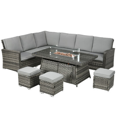 6 Person Grey Rattan Garden Sofa Set with 50000 BTU Gas Fire Pit Table, Wind Guard and Thick Cushions