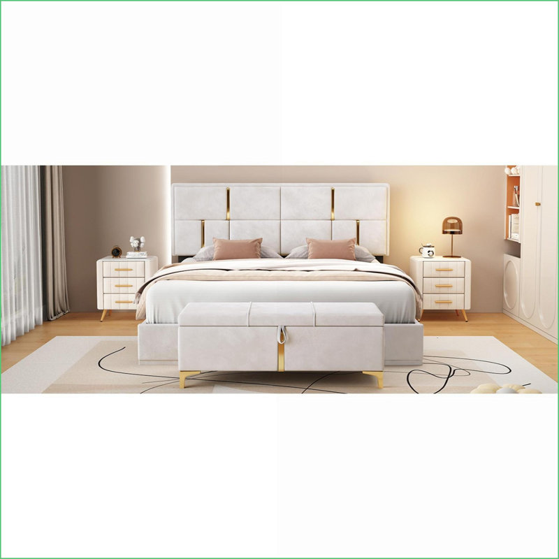 Ensemble de chambre à coucher, grand lit plateforme tapissier avec rangement hydraulique et amp; Repose-pieds, velours beige | Lits standard