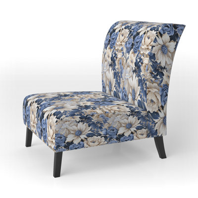 Beige And Blue Farmhouse Floral Pattern - Upholstered Farmhouse Slipper Chair, Blue Accent Chair