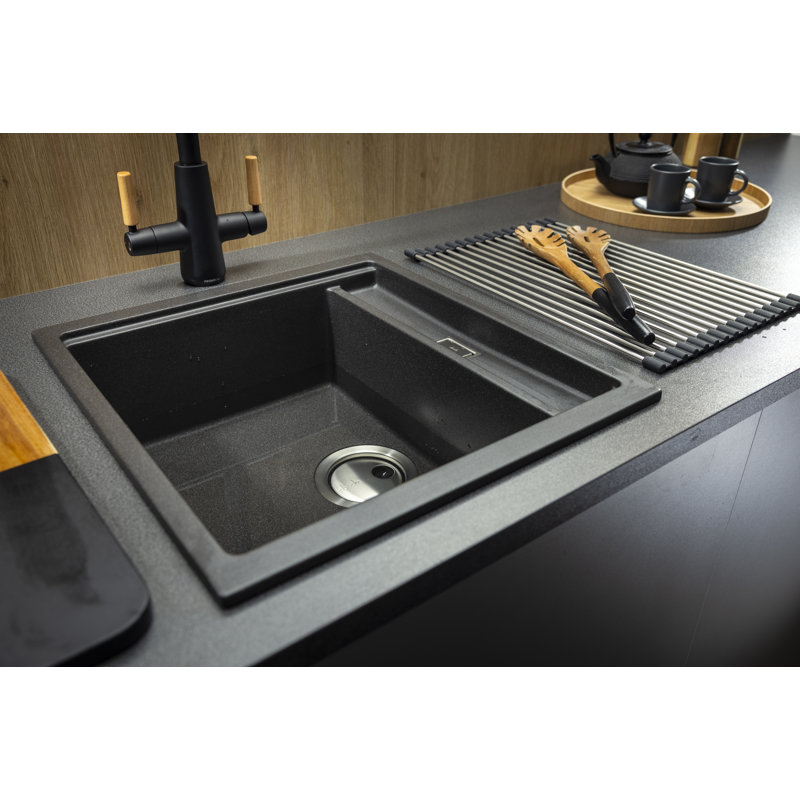 Abode Designs Synchronist 46mm W Single Bowl Composite Kitchen Sink, Metallic Black