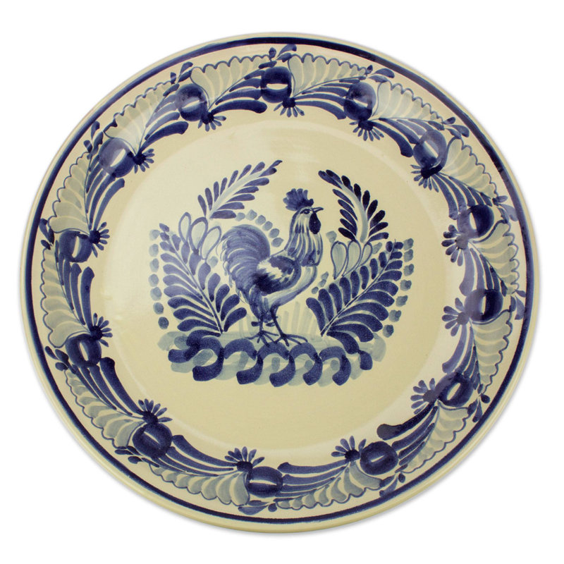 Assiette décorative en céramique Rooster at Dawn Majolica - bleu / jaune