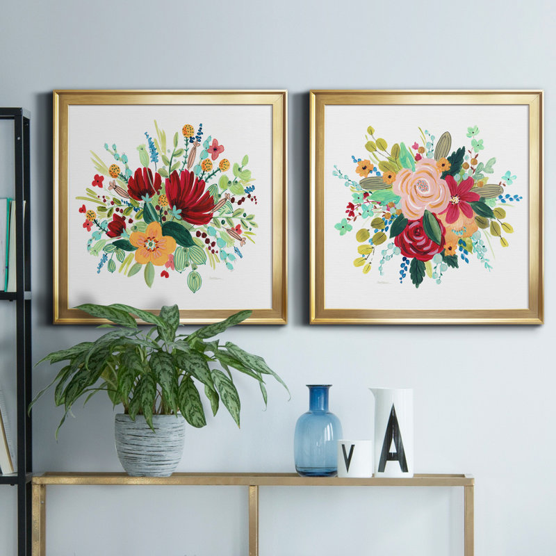 «May Flowers I», peinture sur toile 2 pièces, H 26,5 po x l 53 po x P 1,5 po, Cadre doré