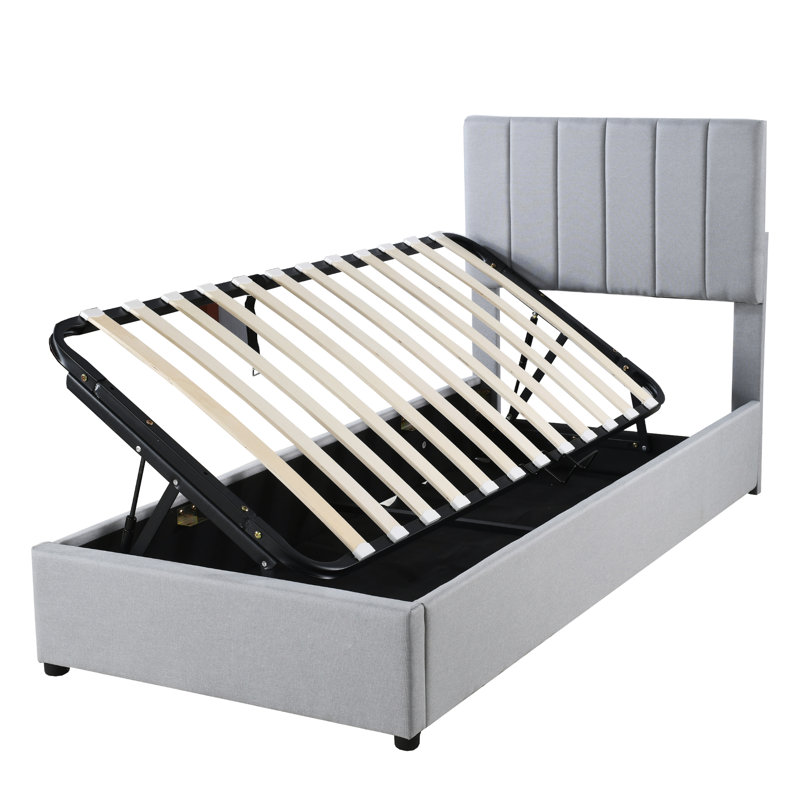 Lit plateforme simple tapissier avec système de rangement hydraulique, gris