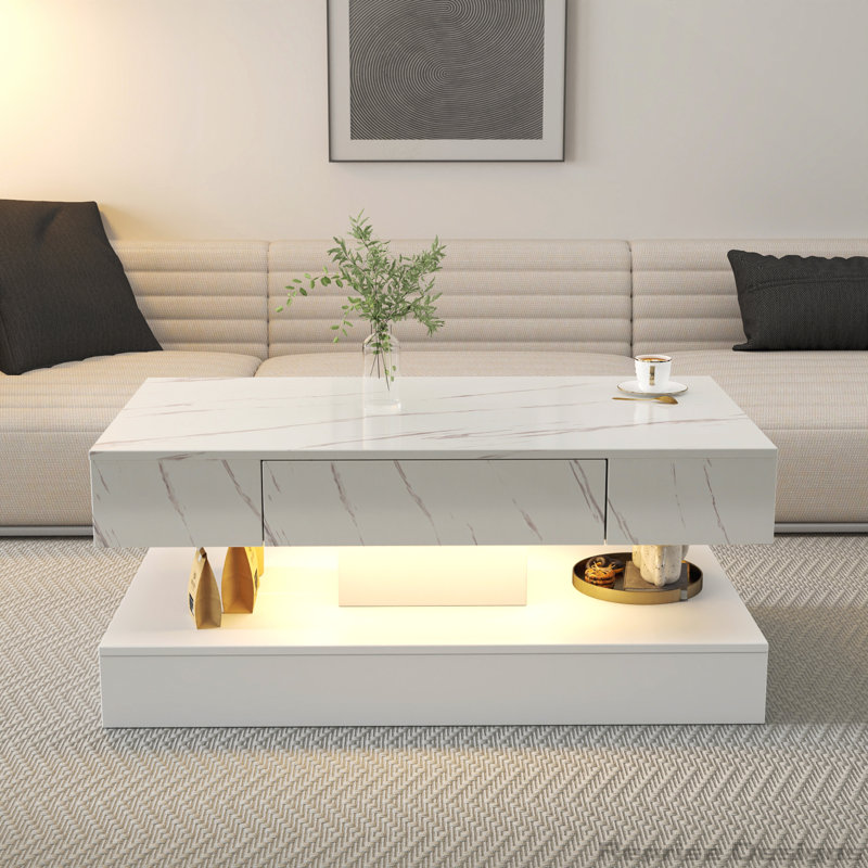 Table basse haute DEL 16,93 po, Blanc, Marbre blanc
