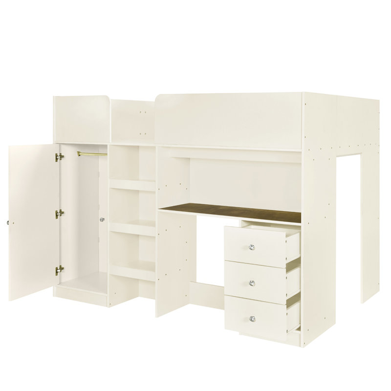 Lit mezzanine en bois avec garde-robe intégré, bureau, tablettes de rangement et tiroirs, Beige