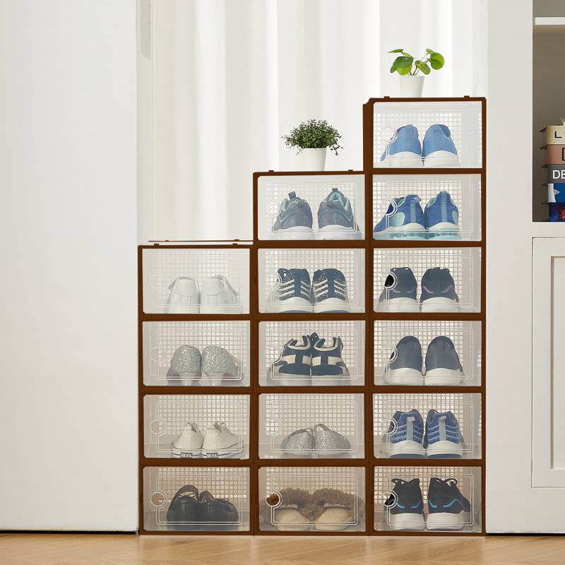 Stackable Clear Plastic Shoe Storage Boxes, Set of 12 or 15, Collapsible and Ventilated Organiser with Lids for Closet, Bedroom or Under Bed