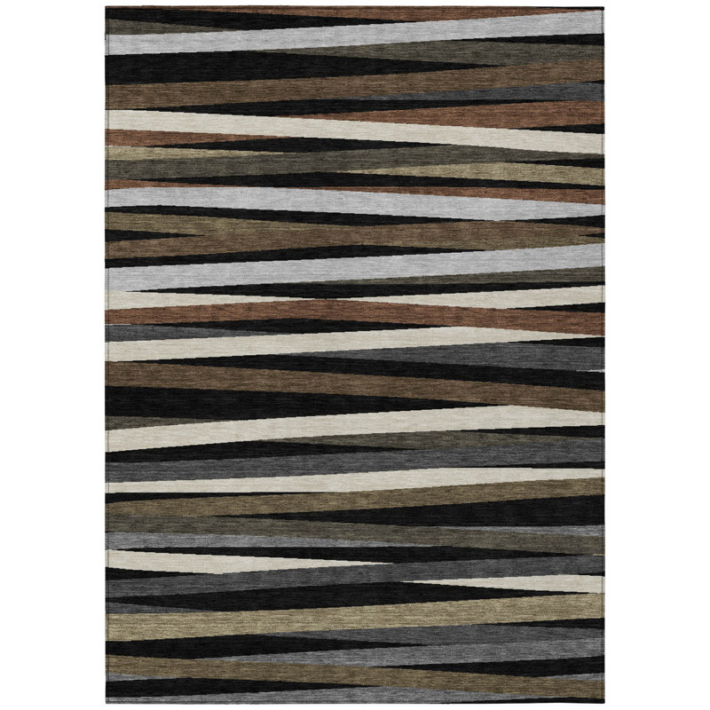 3' X 5' Black Brown And Ivory Striped Washable Indoor Outdoor Area Rug