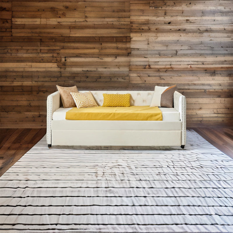 Lit de jour rembourré Leandra, Simple, Beige, Lit gigogne inclus