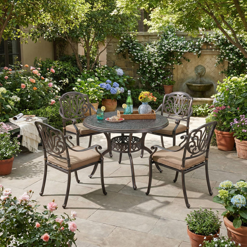 40'' Round Cast Aluminum Patio Outdoor Table with Embossed Finish and Umbrella Hole, Bronze