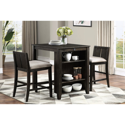 Table à manger à hauteur de comptoir transitionnelle en cerisier foncé, 3 avec abris et tablette, 2 chaises pour configuration de charme moderne, tablette, revêtement attrayant