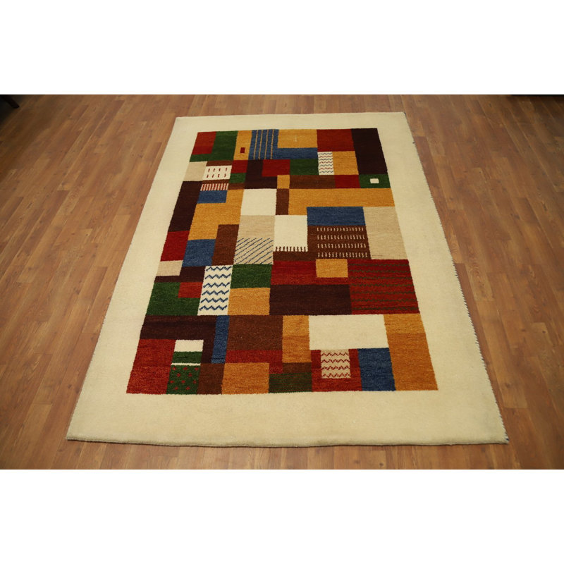 Vibrant Patchwork Gabbeh Style Rug 5x7 with Bold Geometric Patterns