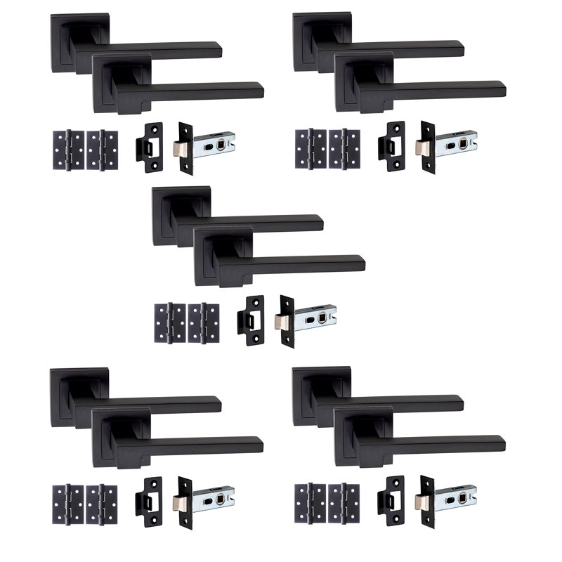  5 Pairs Zeta Design Door Handles Lever Latch on Square Rose in Matt Black Finish with Tubular Latch and Pair of 3" Ball Bearing Hinges