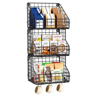 3-Tier Stackable Wire Snack Rack with 5 Hooks, Wall-Mounted, Black