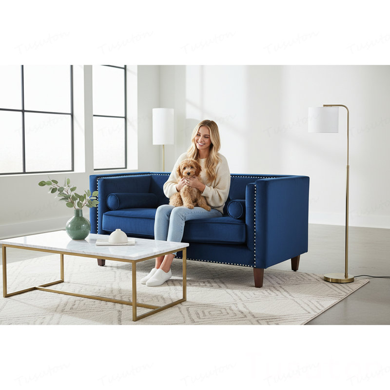 Causeuse capitonnée Chesterfield, Velours - Bleu marine