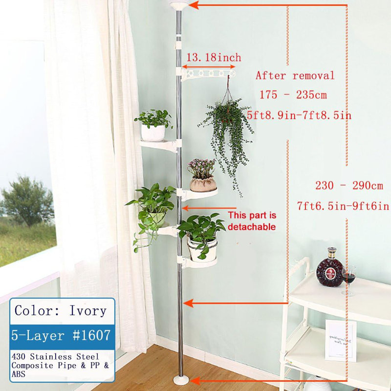 Adjustable 5-Tier Tension Rod Plant Stand With Rotating Trays And Hanger, Rust-Proof Stainless Steel And ABS/PP Plastic Multi-Use Flower Display Rack