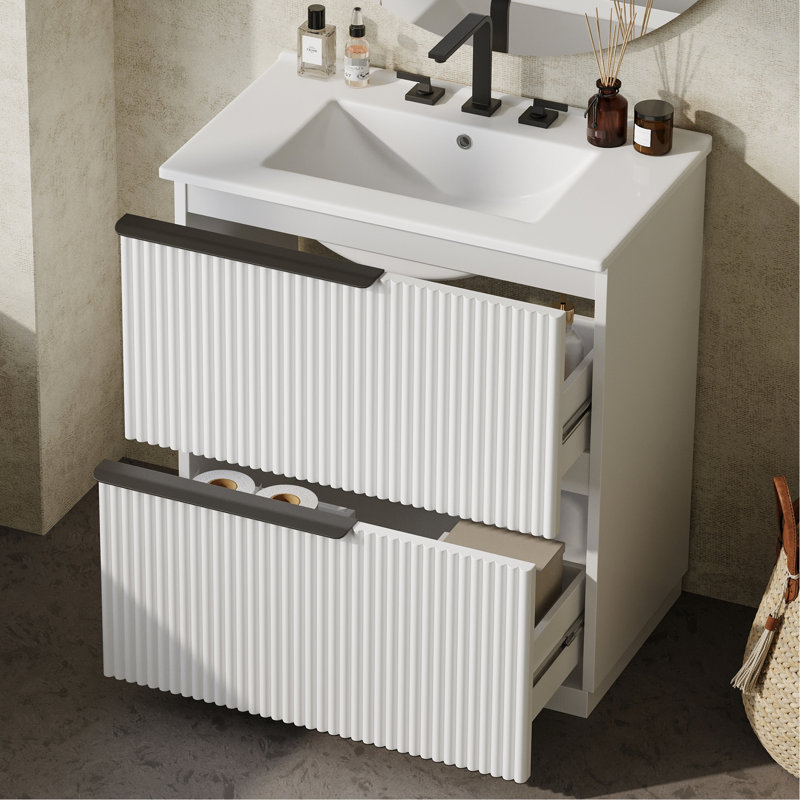 Chevonne 30" Bathroom Vanity Featuring Smooth Extension Drawers, Soft Close Undermount Slides, And Fluted Design For A Modern Organized Setup 30-Inch With Ceramic Sink, Drawer Practical Stylish