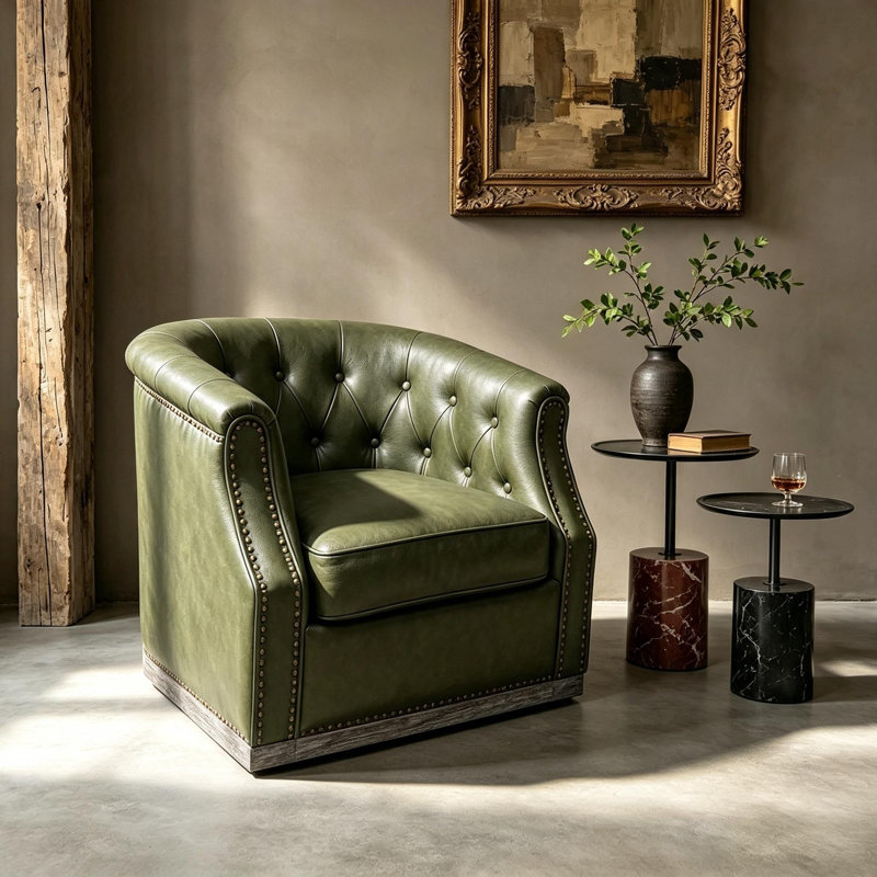 Chaise pivotante en cuir véritable avec garniture cloutée, Fern Green, Grey Wood